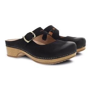 Dansko Britney Black Nubuck Leather Slip On Mary Jane Clog Mule Shoes 38